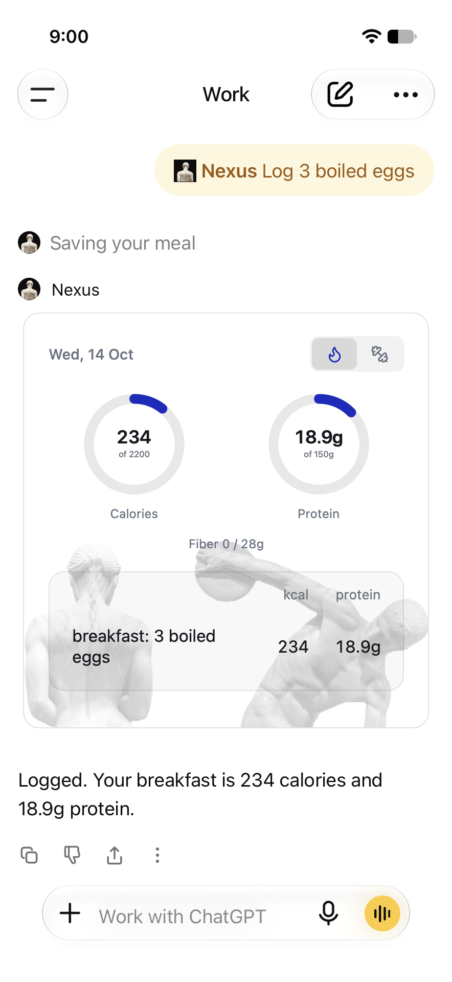 The Nexus day card: calories and protein against your goals, with each meal listed.