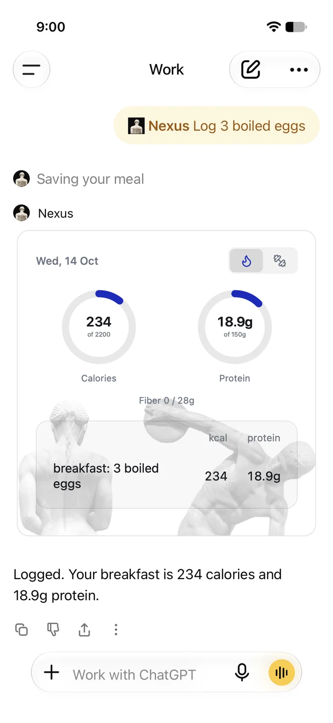 Meal input, saved journal card and daily totals