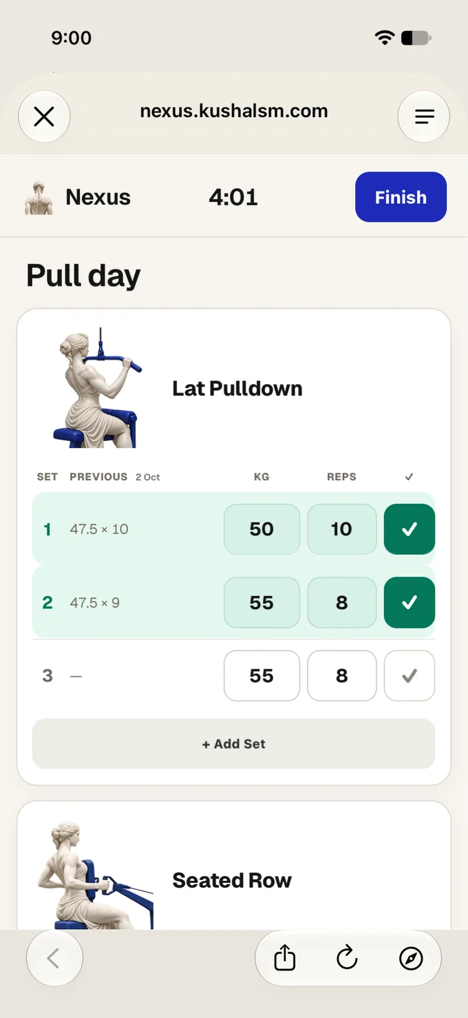 Active session with checked sets