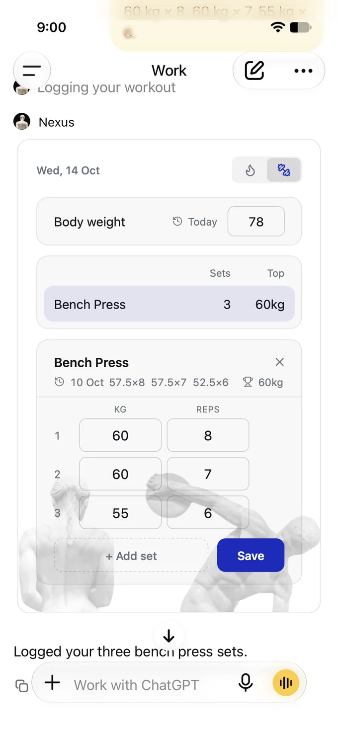 Editable workout sets with weights and repetitions